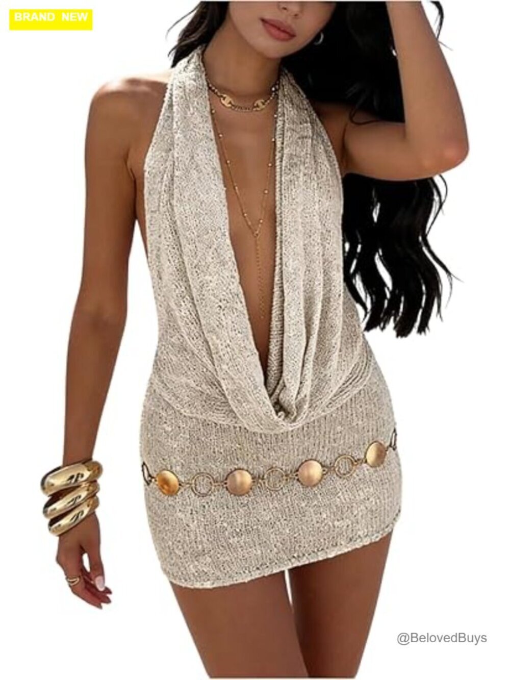Deep V Neck Open Back Halter Crochet Knit Sheer Bodycon Mini Dress
